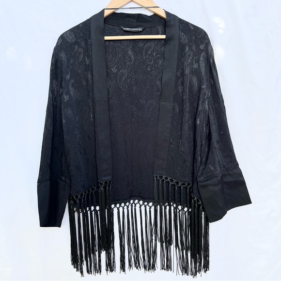 ZARA | WOMENS BLACK PAISLEY FRINGE KIMONO TASSEL OPEN CARDIGAN MEDIUM - Picture 1 of 4